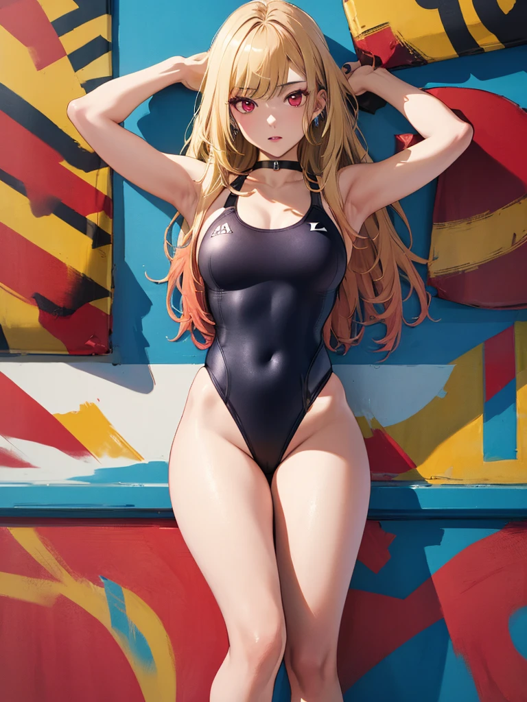 Surreal Scene:1.5, (High leg swimsuit), Kitagawa Marine, muscle, athlete, Flat Chest, One girl, Blonde Hair, Long Hair, Multicolored Hair, Red eyes, jewelry, Earrings, Earrings, Black choker, uhd, retina, masterpiece, ccurate, anatomically correct, textured skin, super detail, high details, high quality, best quality, highres, 4K