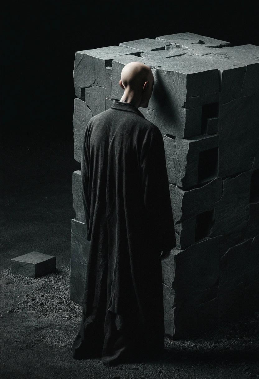 Faceless Man,(((Cube head)))，Cube Anthropomorphism，bend over，Tired，Broken wall，cliff，ghost，cliff，Alessio Albi, Abstract Surrealism, Faceless Man dark, Unsettling horror limbo, crap