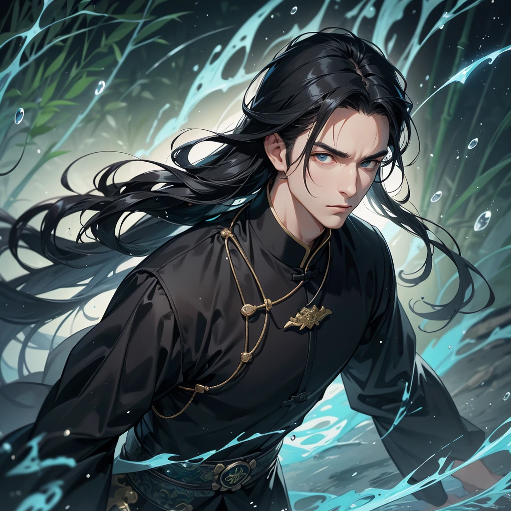 A Handsome black-hair male holding a large sword in black-blue ancient general chinese, close up.
The back is a lush green bamboo forest. The air after rain has water droplets splashing around.