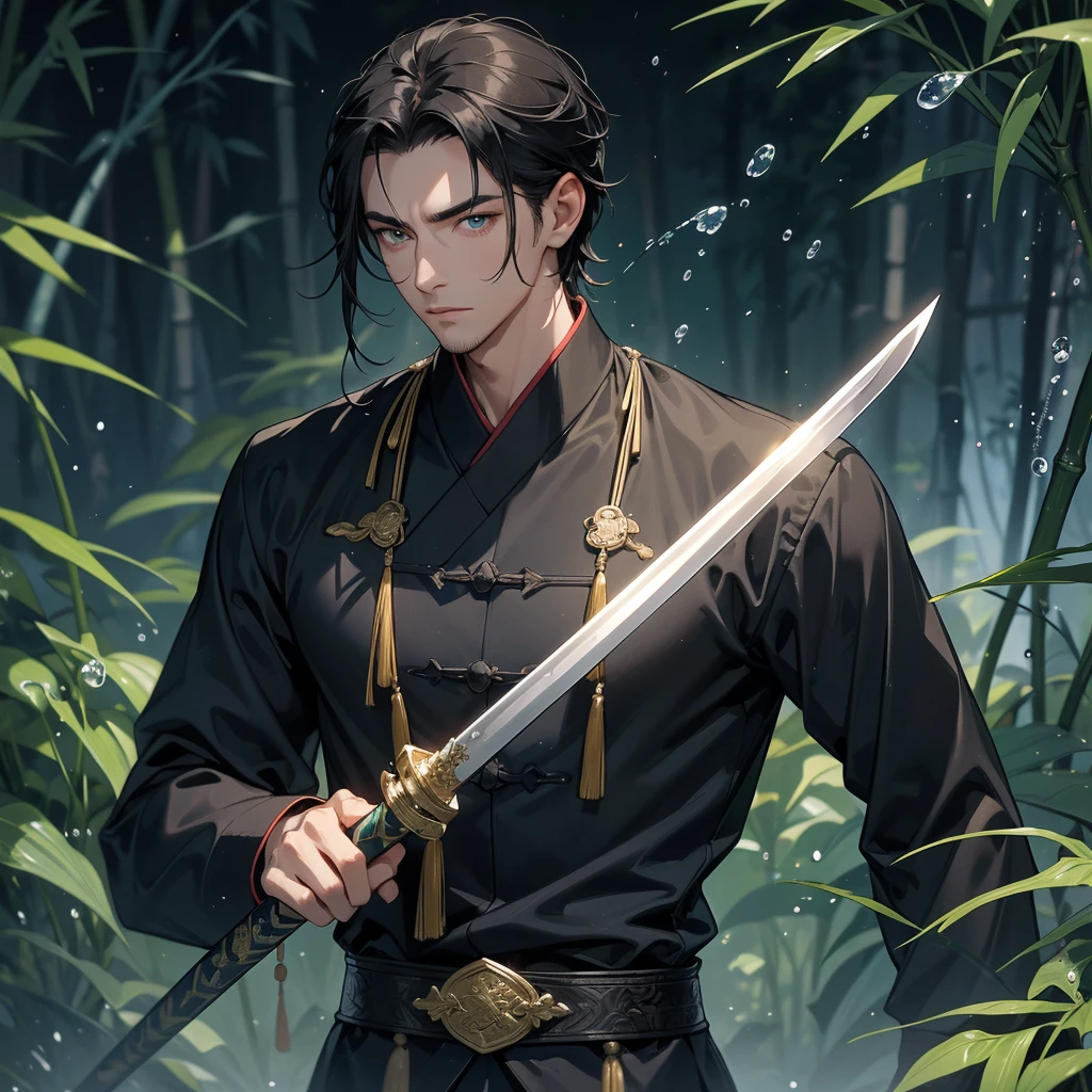 A Handsome black-hair male holding a large sword in black-blue ancient general chinese, close up.

The back is a lush green bamboo forest. The air after rain has water droplets splashing around.