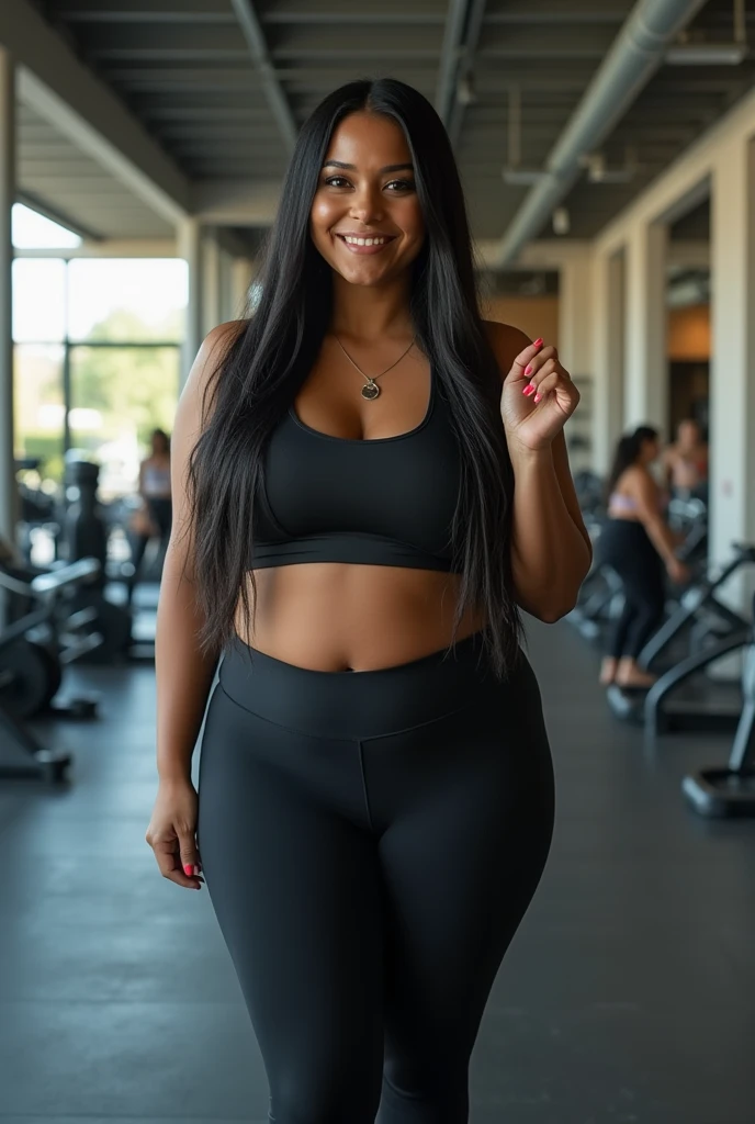 Realistic video of 20 years old latina chicha with black straight hair and light chocolate skin color, chubby girl, with indigenous trait, ugly very ugly fat in a legging at the gym