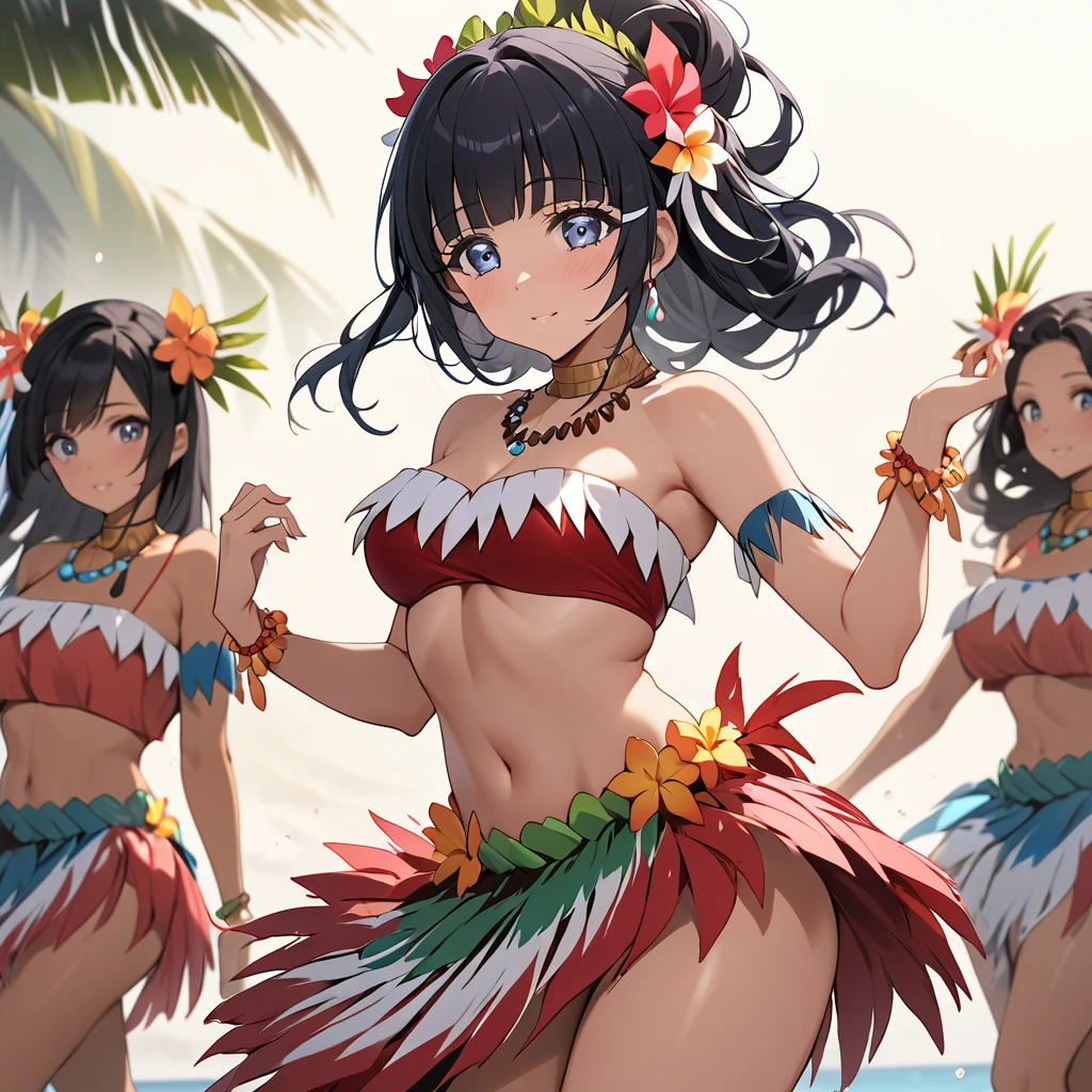 ((Highest quality)), ((masterpiece)), (detailed), （Perfect Face）、The woman is Aoki Reika, a dark-skinned Tahitian with semi-long hair.、The woman is wearing a Tahitian dance costume, has a Tahitian hairstyle, and is dancing the Tahitian dance.