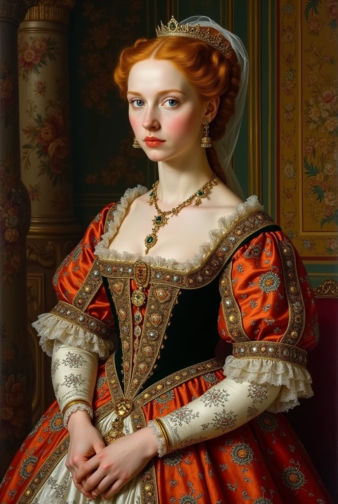 An oil painting of catherine of Aragon in a lavish wedding gown from The Spanish Princess
