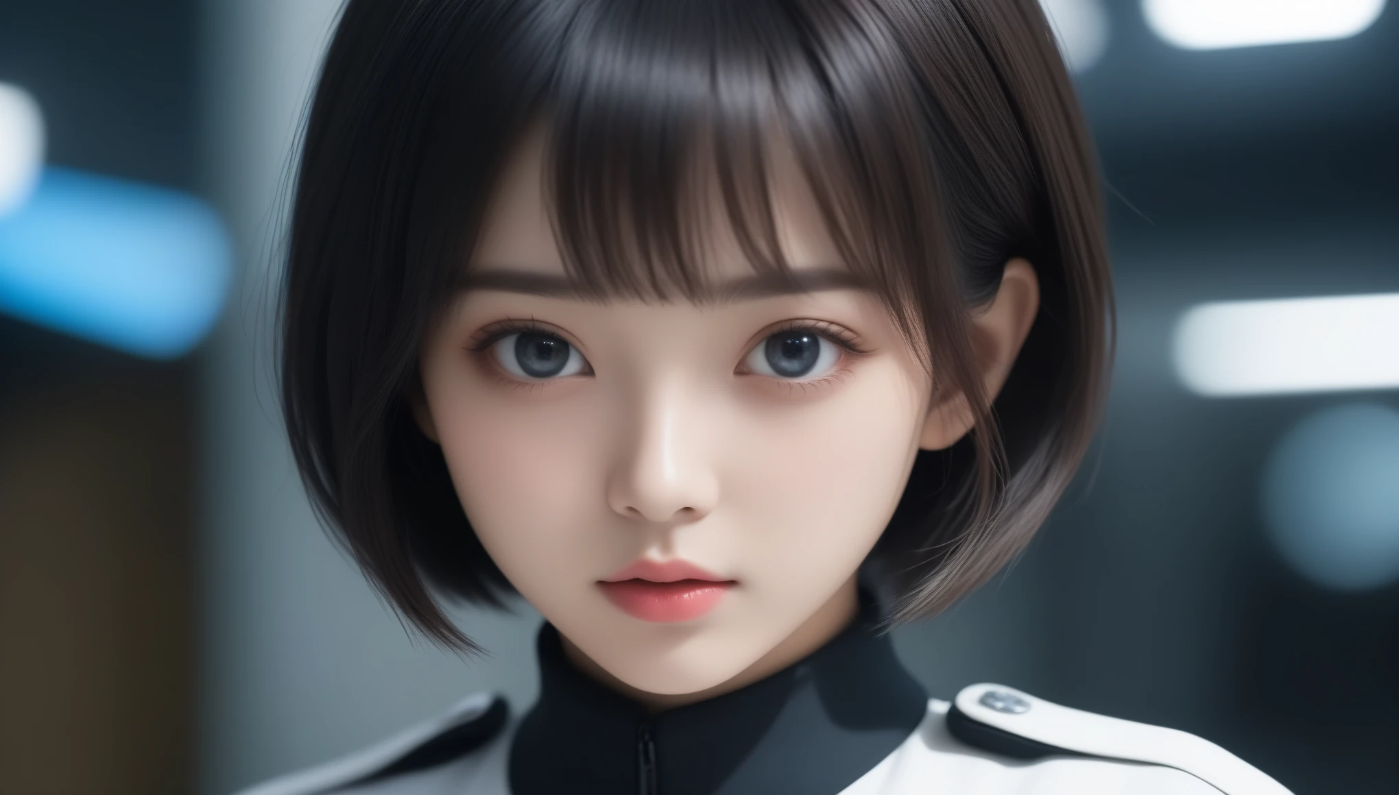8k, Ultra-high resolution, Highest quality, masterpiece, 三分割法によるphotograph,Surreal, photograph, 1 , (:1.3), cute, cute顔, 細部までBeautiful Eyes, 細かくdetailedに,masterpiece,One Girl:1.2,Japanese women,Policewoman,close up,glaring,Black short hair,Bowl cut,ID photo,(Police officer of the future:1.3),cyber punk,Future City,white collar,((Fusion of humans and androids))(Beautiful attention to detail),Subtle details, detailedな顔,anger,Attractive eyes,(ポートレートphotograph:1.4),(Photorealistic images:1.4),Fantasy art,(Beautiful Face:1.4),美しくAttractive eyes、Beautiful Eyes,Silver residue,(Tight waist:1.4)、(Beautiful with perfect body proportions:1.4),Pink Lips,profile,(((Ideal body type))),A-cup small breasts :2,、Portraiture:2、Perfect Anatomy、鮮明なdetailed、detailed,Fashion magazine cover,Thin lips,完璧でBeautiful Face ,完璧でcute顔, Skin with attention to detail, Perfect limbs、Narrow waist,Surreal,Light and shadow,spotlight