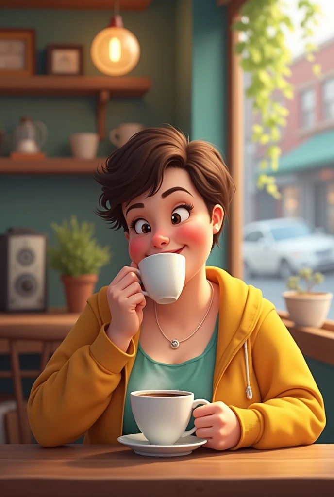 Chubby woman with short hair drinking coffee