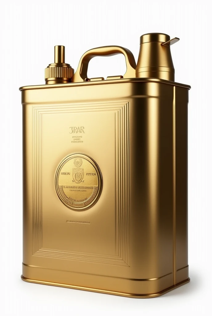 Design a 15 kg oil container that exudes luxury and high-end quality, made from polished tin with a warm champagne gold finish. The container should have a classic rectangular shape with softly curved edges to add a touch of elegance. The surface should be smooth with embossed vertical lines along the sides, giving it a sophisticated and practical grip. Centered on the front and back, there should be a large, embossed emblem or medallion with the brand’s logo and key details, etched in a matte gold or copper tone. The container should feature a sleek, cylindrical spout extending from the top corner, equipped with a precision flip cap for clean pouring. The cap should be flush with the container’s surface, designed to be almost invisible when closed. The top should include a solid, gold-plated handle with an ergonomic, slightly curved design for comfortable carrying. Add thin, glossy horizontal accent lines near the top and bottom edges to enhance the premium appearance, and a slightly raised base with small, rounded feet for stability. The overall design should reflect exclusivity, luxury, and high-quality craftsmanship, making it perfect for a discerning customer."