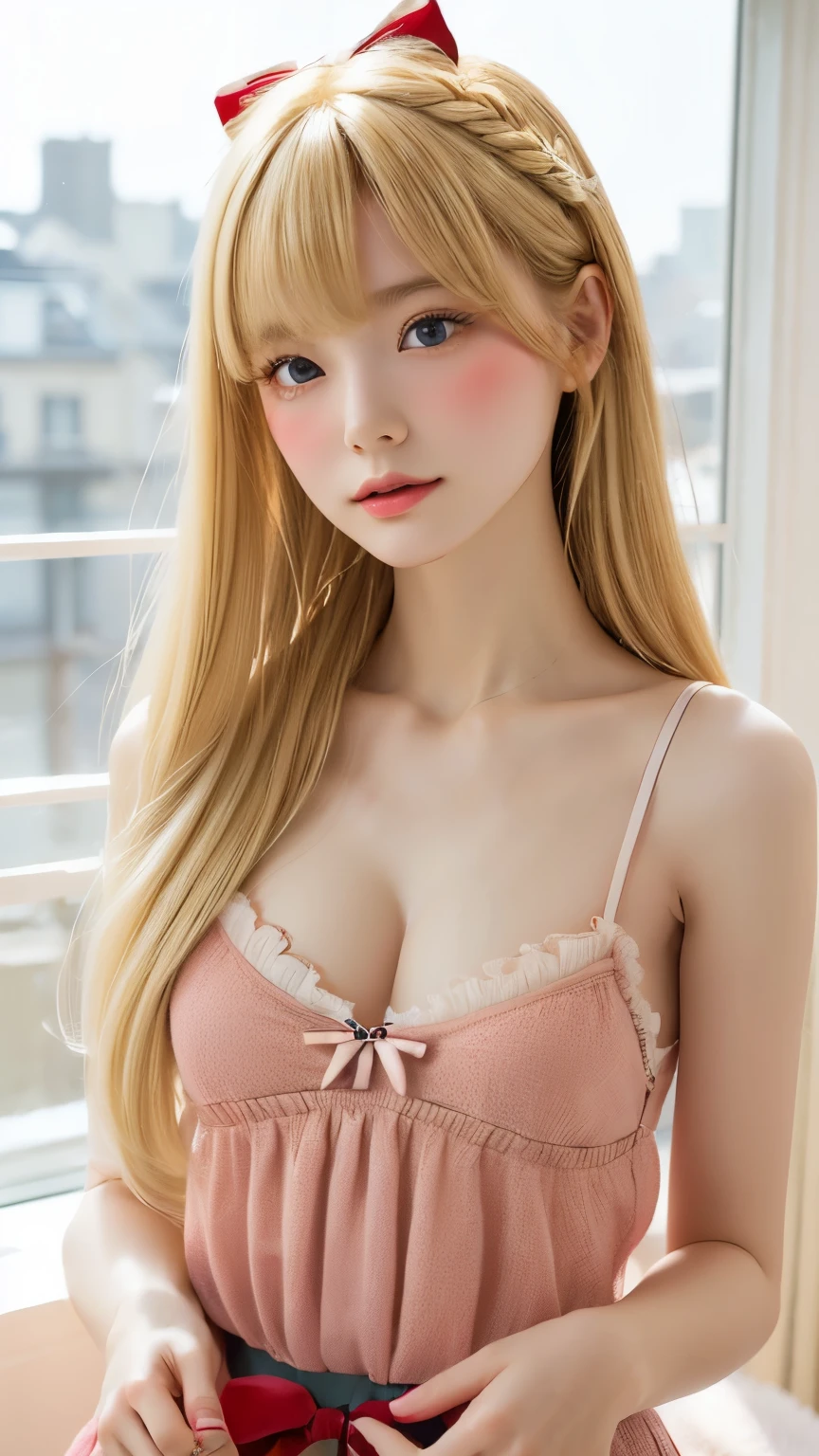 1 person,Beautifully detailed face:1.3、Face close-up:1.6、The whole face fits in the frame:1.6、((She wears a big red bow in her hair like a French doll.......:1.6))、 (((Small breasts:1.7)))、(A sheer camisole with a loose fit around the chest:1.7), ((I'looking forward to it:1.6))、Pink Eyeshadow:1.6、((Looking into the camera:1.3))、Very beautiful Japanese idol portraits,
(RAW Photos, Highest quality), (Realistic, Realistic:1.4), (masterpiece),
Very delicate and beautiful, Very detailed, 2k wallpaper, wonderful, finely, Very detailed CG Unity 8K 壁紙, Very detailed, High resolution, Soft Light,
Beautiful details, Very detailed目と顔, Beautiful and sophisticated nose, Big beautiful eyes, Cinema Lighting,
(Simple and solid background:1.3),
(Blonde medium hair:1.5), (Parted bangs),
Complete Anatomy, Slender body,とてもSmall breasts, Sensual look