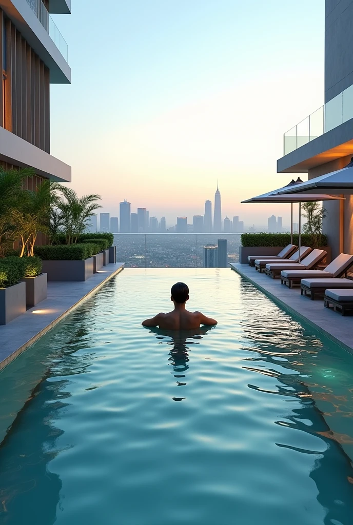 Hotel rooftop pool、Get in the pool、Looking at the view from the pool
