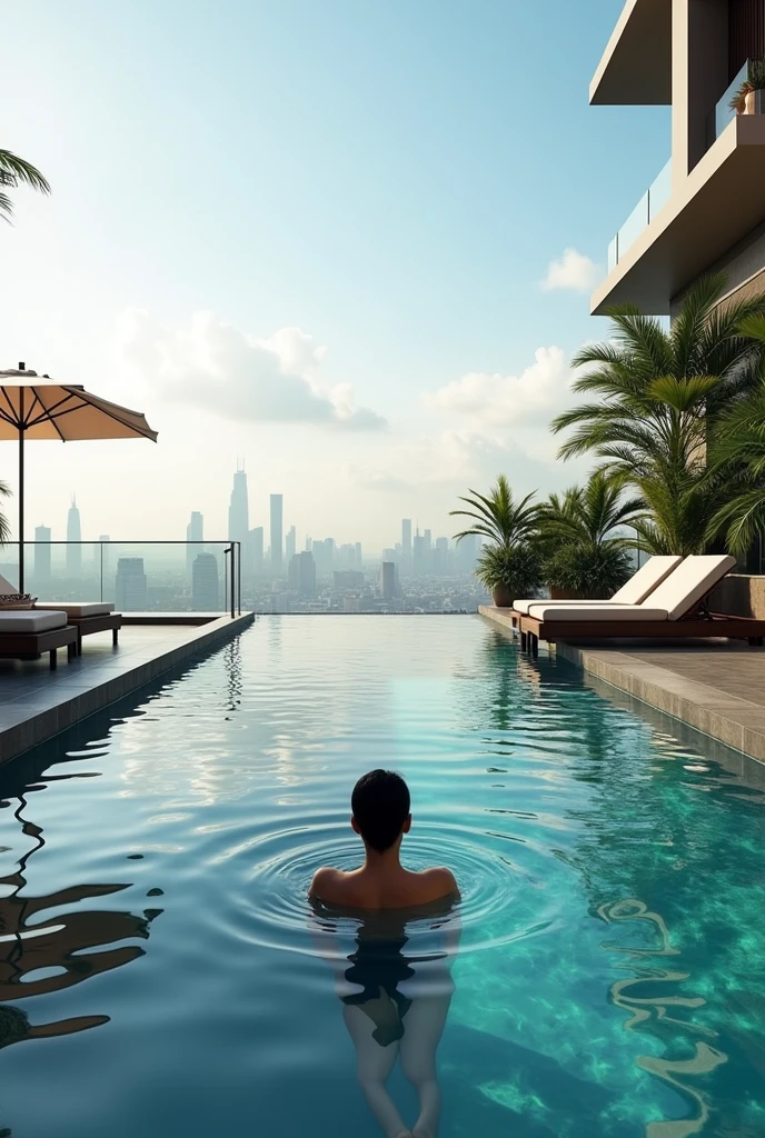 Hotel rooftop pool、Get in the pool、Looking at the view from the pool