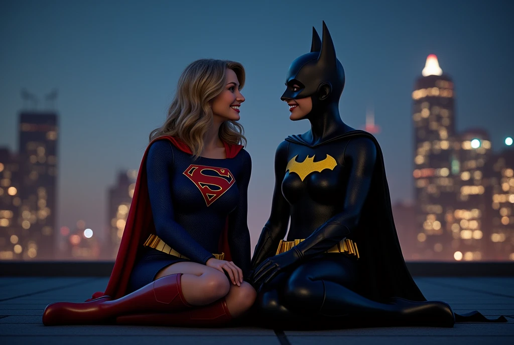 (photorealism:1.2), score_9, score_8_up, score_7_up, score_6_up, 2girls, Supergirl and Batgirl, sitting together, smiling, city rooftop, night, cinematic lighting.