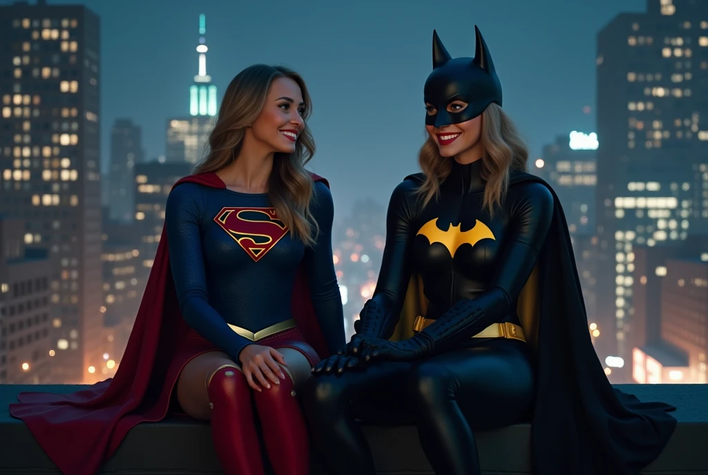 (photorealism:1.2), score_9, score_8_up, score_7_up, score_6_up, 2girls, Supergirl and Batgirl, sitting together, smiling, city rooftop, night, cinematic lighting.