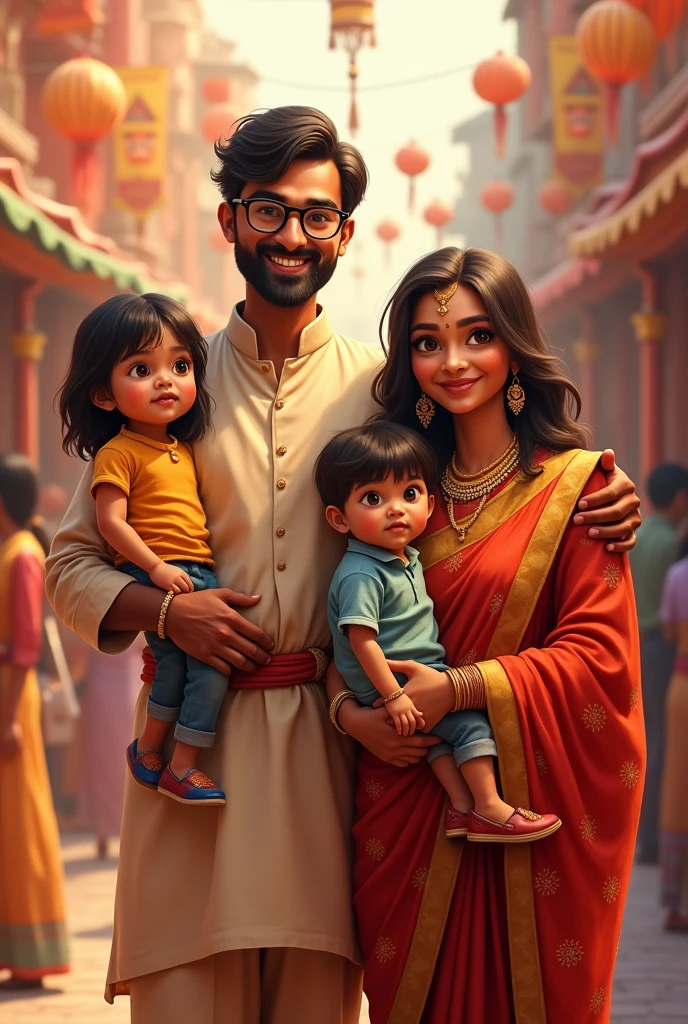 Bengali father wearing Panjabi kurta & spects on his eyes with his beautiful Bengali wife wearing saree, with their baby girl & boy at Durga puja festival enjoying
