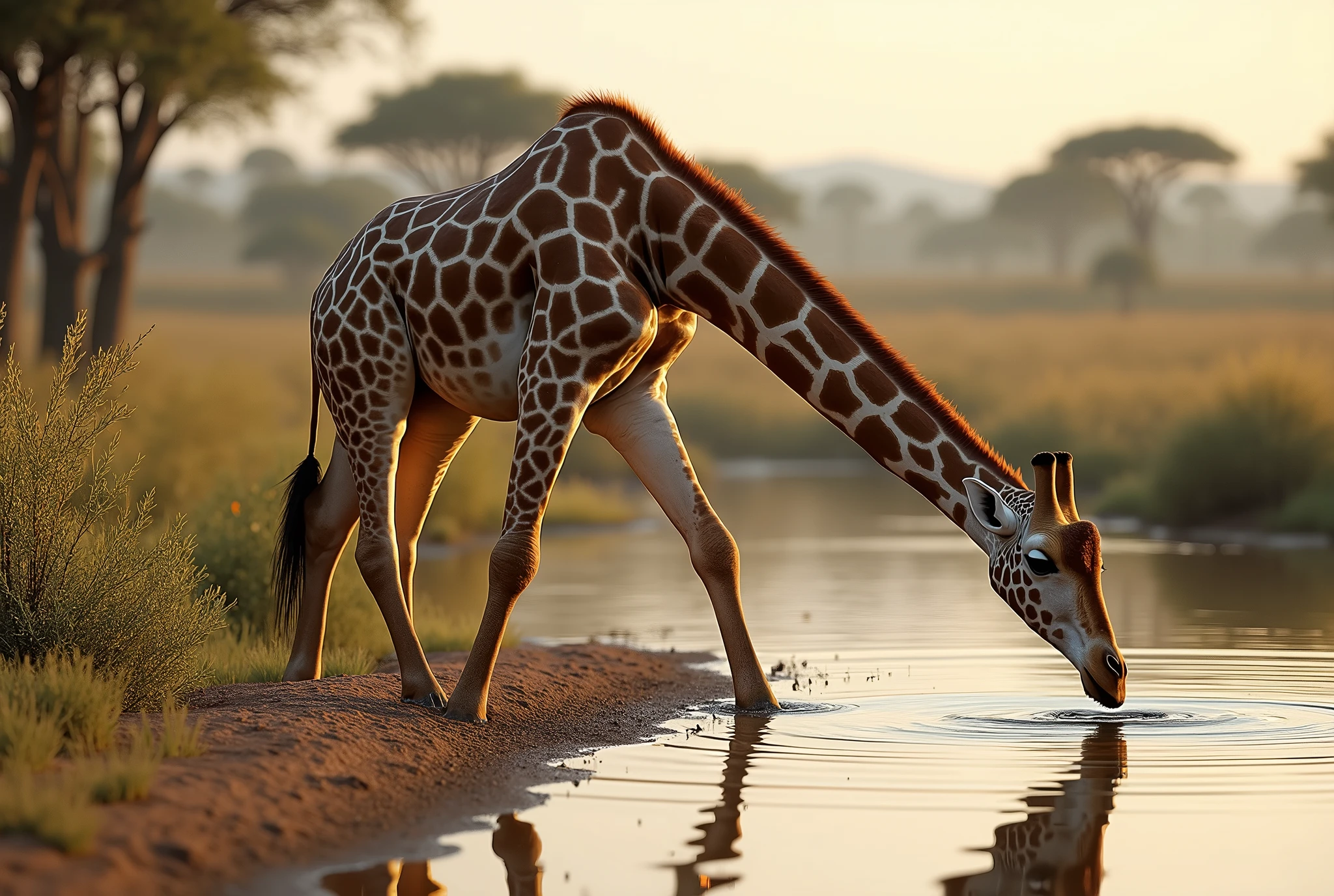 Create a captivating, hyper-realistic, AI-generated artwork of a giraffe drinking water in an African savanna. The giraffe should be depicted in a natural and tranquil moment, partially submerged in a waterhole or a river, with its head lowered to drink. Capture the long, elegant form of the giraffe, including its distinctive spots and tall neck. The scene should reflect the African landscape, with a backdrop of lush vegetation, tall grasses, and perhaps a few distant acacia trees. Incorporate details such as the giraffe's reflection in the water, the ripples created by its presence, and the texture of the muddy water. Use earthy, natural tones to depict the savanna and the giraffe’s patterned coat, highlighting the contrast between the giraffe and the surrounding environment. The lighting should be soft and natural, conveying the warmth of the African sun and the peacefulness of the scene. The style should be realistic yet artistic, with a focus on the details of the giraffe and its habitat. The final artwork should be hyper-realistic, high-resolution, and visually striking, capturing the majestic and serene nature of the giraffe in its natural setting.