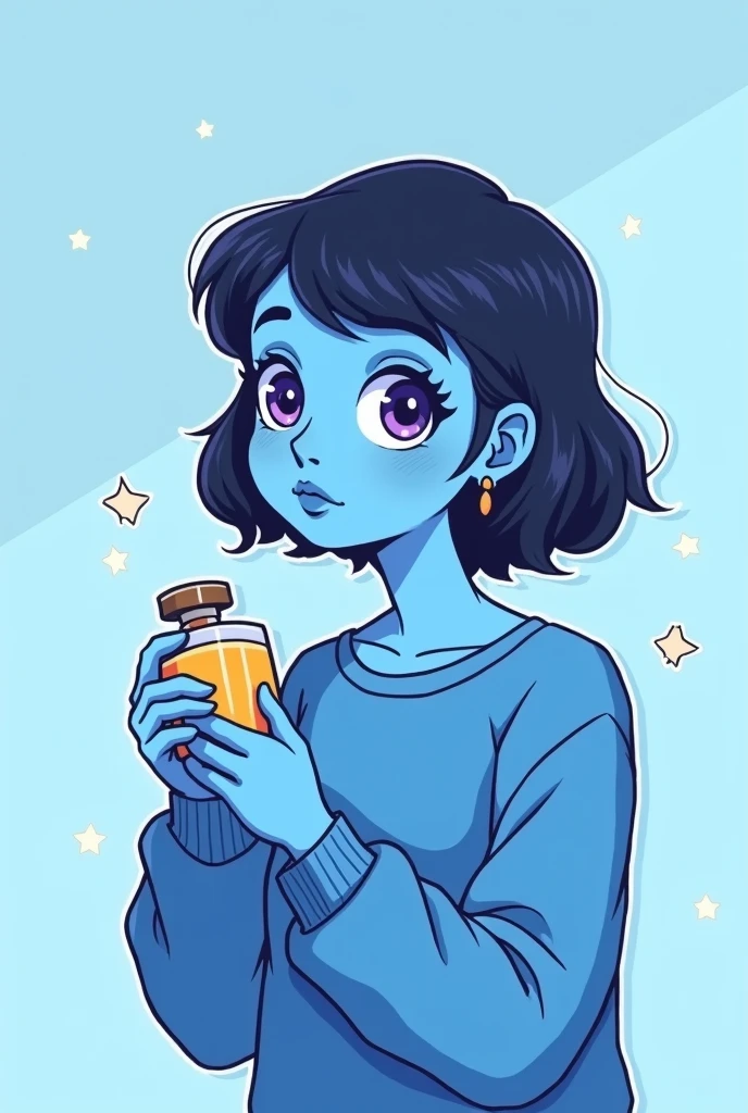 digital illustration simple shapes soft lines cartoon style, modern youth with a touch of minimalist surrealism , with a minimalist single-color background ( light blue ) with details in soft lines and soft star patterns , a blue skinned woman with big purple eyes cartoonishly holding a bottle of perfume wearing a blue sweater , with soft shadows around her eyes , Ear piercings and a thoughtful expression