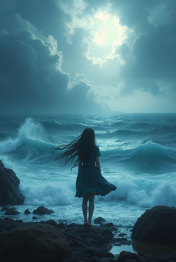 A girl backside standing in the white ble dramatic ocean and blue dramatic sky