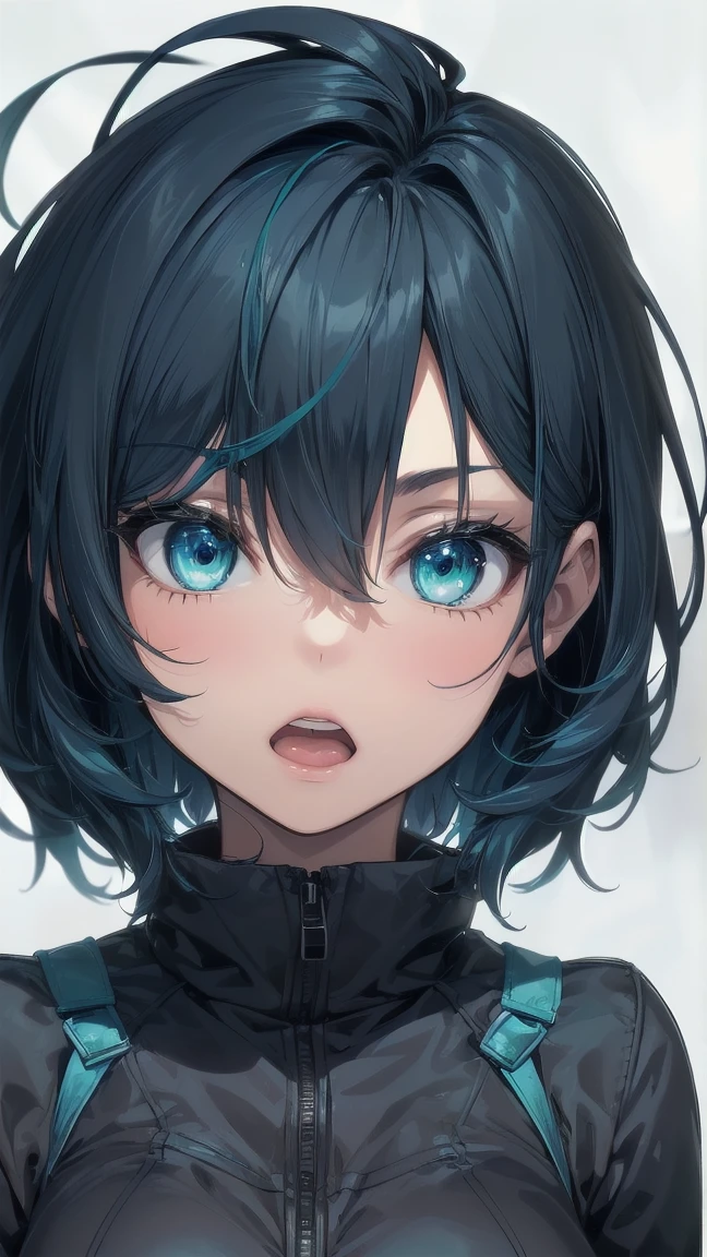 Close-up of a manga girl with blue hair and a yellow shirt, 2D Animation, 2D Animation style, 2D Art, 2D Art, 2D from Gorillaz, 2D from Gorillaz, 2D Gorillaz, Screaming Cerket, 2D Sprite, Jinx Face, short hair, Small breasts, hot pants, ((Black Hair, Inner bright blue hair:1.4))