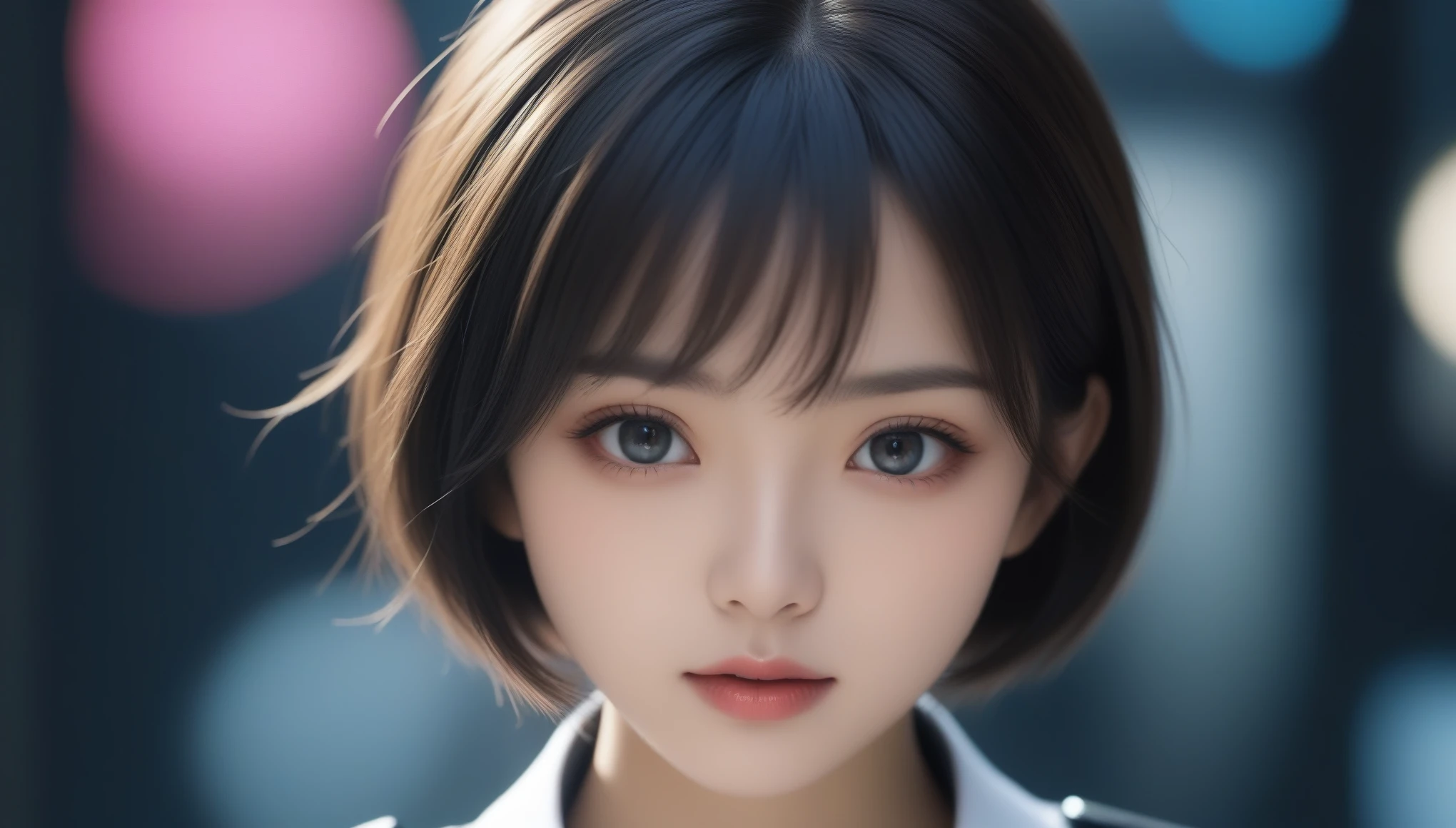 8k, Ultra-high resolution, Highest quality, masterpiece, 三分割法によるphotograph,Surreal, photograph, 1 , (:1.3), cute, cute顔, 細部までBeautiful Eyes, 細かくdetailedに,masterpiece,One Girl:1.2,Japanese women,Policewoman,close up,glaring,Black short hair,Bowl cut,ID photo,(Police officer of the future:1.3),cyber punk,Future City,white collar,((Fusion of humans and androids))(Beautiful attention to detail),Subtle details, detailedな顔,anger,Attractive eyes,(ポートレートphotograph:1.4),(Photorealistic images:1.4),Fantasy art,(Beautiful Face:1.4),美しくAttractive eyes、Beautiful Eyes,Silver residue,(Tight waist:1.4)、(Beautiful with perfect body proportions:1.4),Pink Lips,profile,(((Ideal body type))),A-cup small breasts :2,、Portraiture:2、Perfect Anatomy、鮮明なdetailed、detailed,Fashion magazine cover,Thin lips,完璧でBeautiful Face ,完璧でcute顔, Skin with attention to detail, Perfect limbs、Narrow waist,Surreal,Light and shadow,spotlight