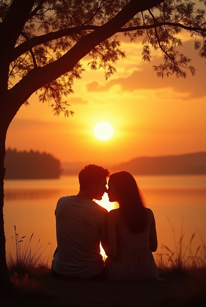 Design a image for video which can be seen by for 5 minutes where couple are setting near a tree while watching beautiful sunset that captures the essence of a heartfelt love song titled 'Falling Deeper.' The image should feature a soft, romantic scene with warm tones, like a couple embracing or a serene sunset. Include the song title in elegant, easy-to-read text, positioned to stand out without overwhelming the image. The overall design should evoke deep emotion and love, drawing viewers in to click and listen."