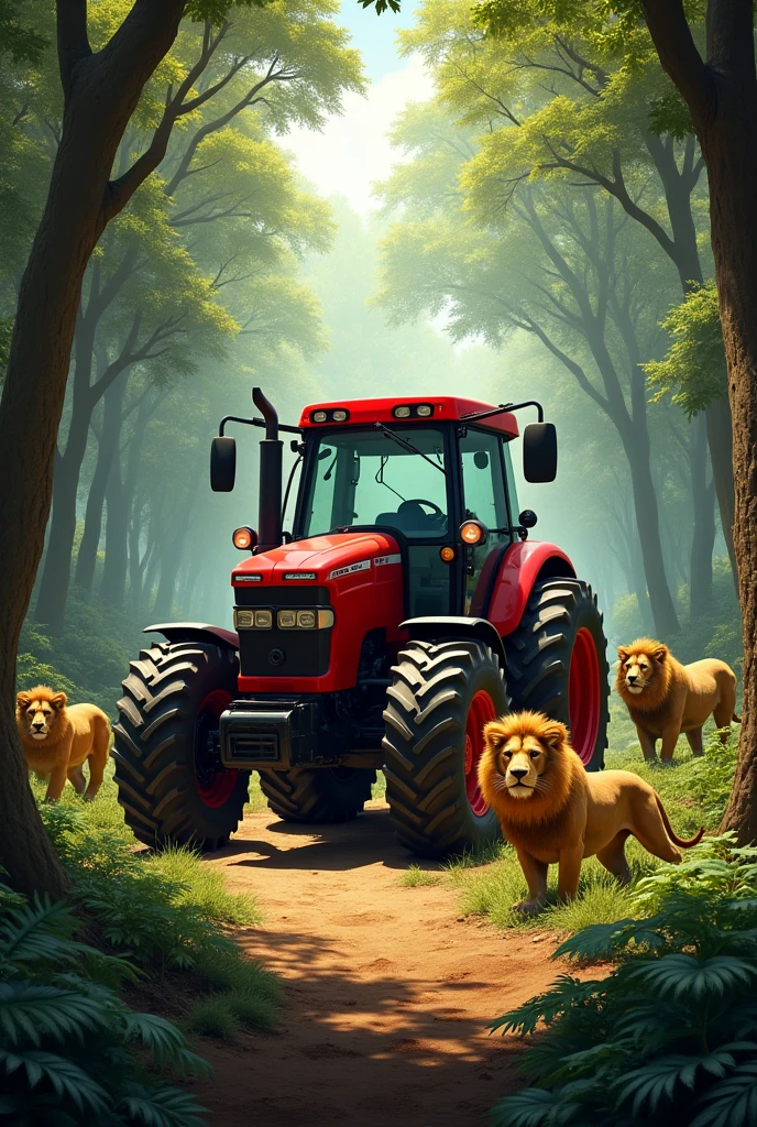 Red colour tractor standing on forest and many lions around him