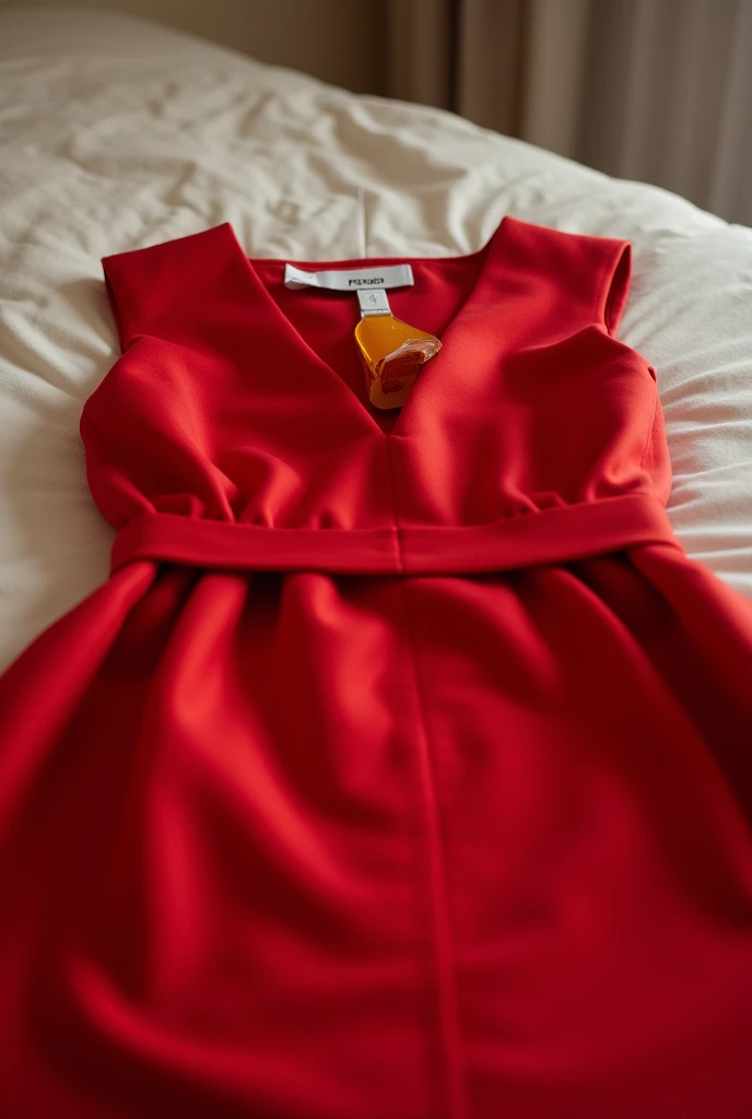 Make a picture for me, This image is a photo that appears to be taken by a normal camera and out of focus., be a simple image, that no part of the image is blurred and it is a photo taken from a bed and on top of that bed there is a red Fendi dress, very beautiful and beautiful with tag never been used. Remember to keep the image in focus without blurring any part of the image, it has to be 100% sharp as if it had been taken without any effect on the camera. Remember to put a Fendi label on it.