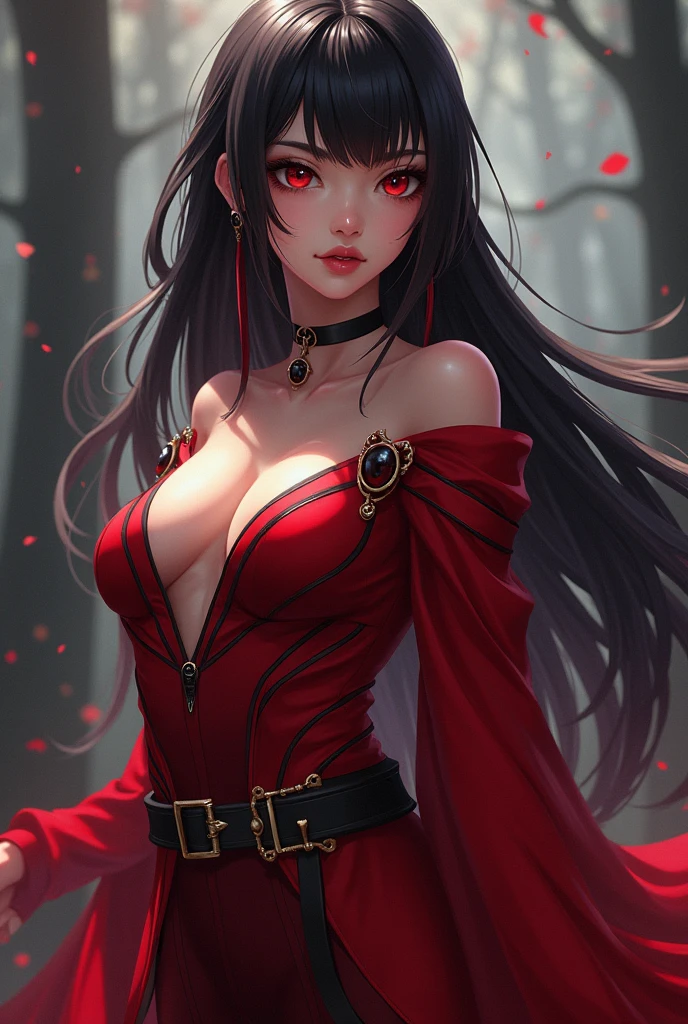 Create an anime girl around 1, a height of 180cm, sexy fitness, fierce eyes like a hunter, curved torso, beauty shape of jawline, beautiful, smooth skin, E - cup size of breast, her eyes are dark red, with a good chin, her hair is pitched black red, she symbolized as an Scarlet Phantom, she had a unique clothes with autrom