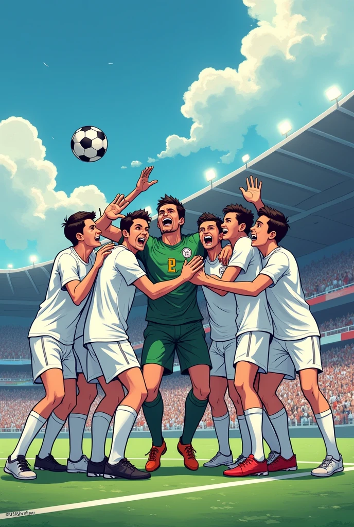 the coar men's futsal team, Wearing a white shirt, he is celebrating the great save made by his goalkeeper and the opposing team is surprised by that save., COMIC FORMAT ON A FUTSAL FIELD