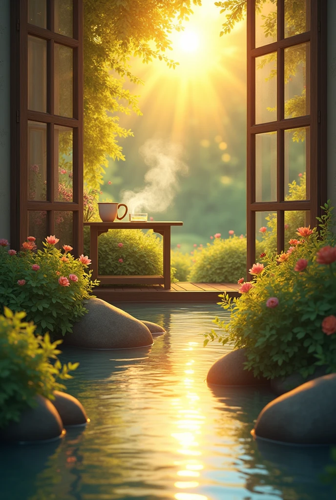 stream reflects sun, outside window a table and cup of tea