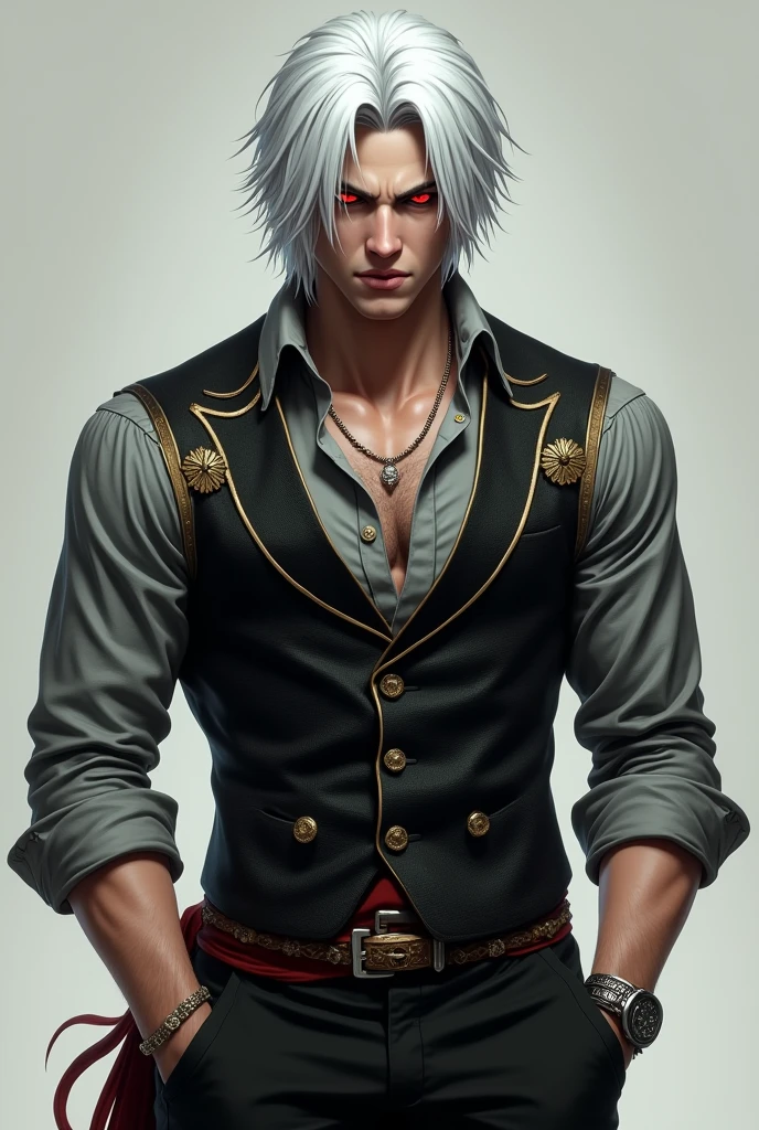 White-haired man in the style of Dante from Devil May Cry with red eyes wearing a gray dress shirt and a black vest with gold details and black pants