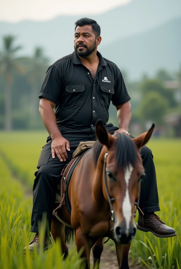 A foreman from Indonesia in his 40s with a stocky body, wearing a black shirt with the RADEN logo and wearing black cargo pants, He was sitting on the hip of his lean porter in the field