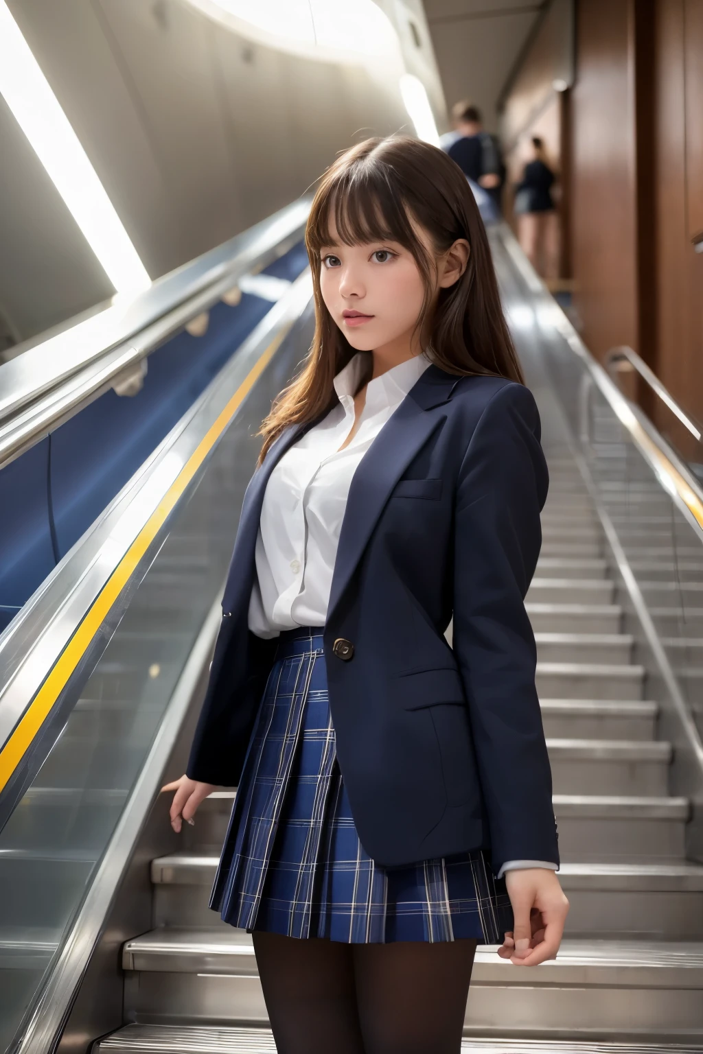 ((Highest quality)), ((masterpiece)), (Familiar), A high school girl riding an escalator on her way to school、Glare、Navy Blazer、mini skirt、Ultra-realistic pantyhose、Rear view、Voyeur、(Shooting from directly below)、Pantyhose calf close-up、Station Escalator、Everybody line up on the left、