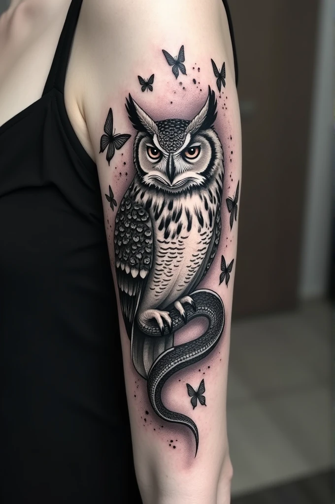 Owl fighting with snake and butterflies around on the arm black and white female tattoo