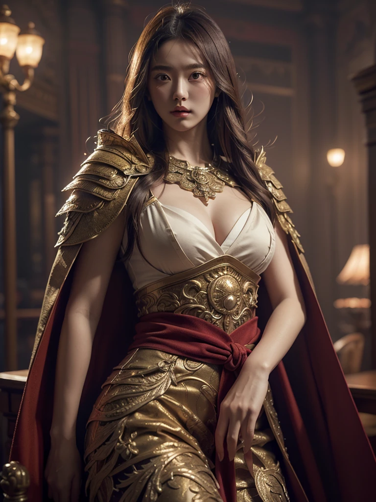 ((masterpiece))), (((best quality))), ((ultra-detailed)), (hyperrealistic), (highly detailed CG illustration), cinematic light, photorealistic ,extremely beautiful young lady, light makeup, big breast,  intricate detailed eaba, red cape, spear