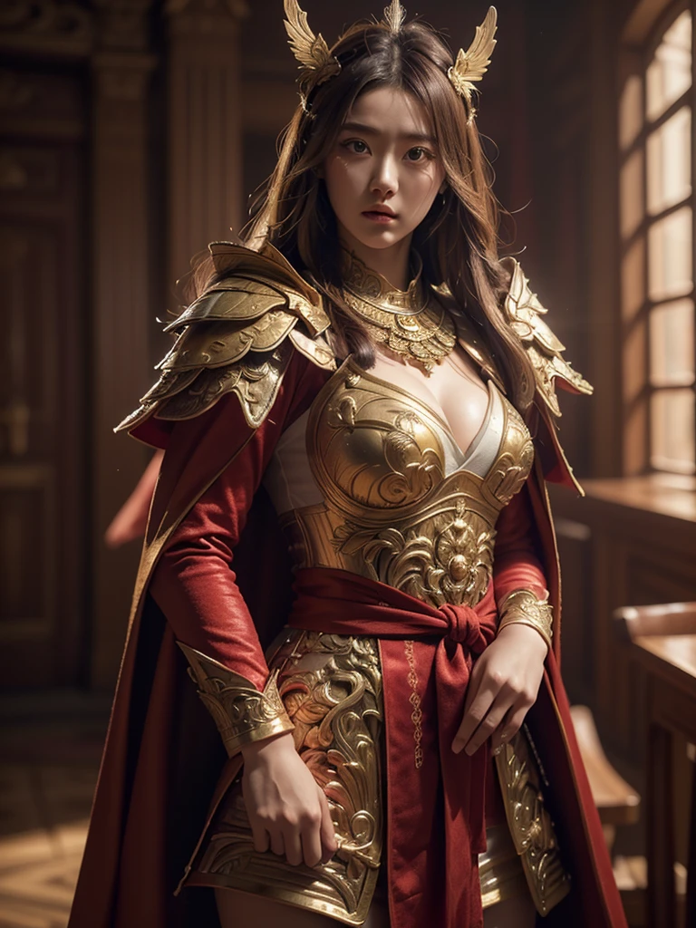 ((masterpiece))), (((best quality))), ((ultra-detailed)), (hyperrealistic), (highly detailed CG illustration), cinematic light, photorealistic ,extremely beautiful young lady, light makeup, big breast, intricate detailed eaba, red cape, spear