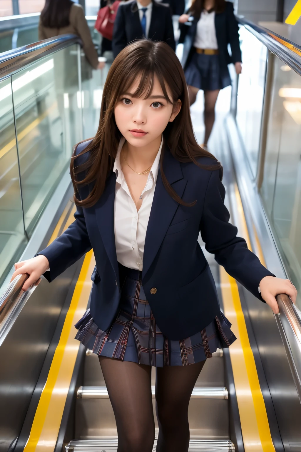 ((Highest quality)), ((masterpiece)), (Familiar),  A high school girl riding an escalator on her way to school、Glare、Navy Blazer、mini skirt、Ultra-realistic pantyhose、Voyeur、(Shooting from directly below)、Close up of legs in pantyhose、Station Escalator、Everybody line up on the left、