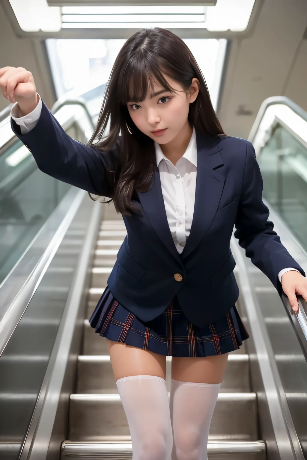 ((Highest quality)), ((masterpiece)), (Familiar), A high school girl riding an escalator on her way to school、Glare、Navy Blazer、mini skirt、Ultra-realistic pantyhose、Voyeur、(Shooting from directly below)、Close up of legs in pantyhose、Station Escalator、Everybody line up on the left、