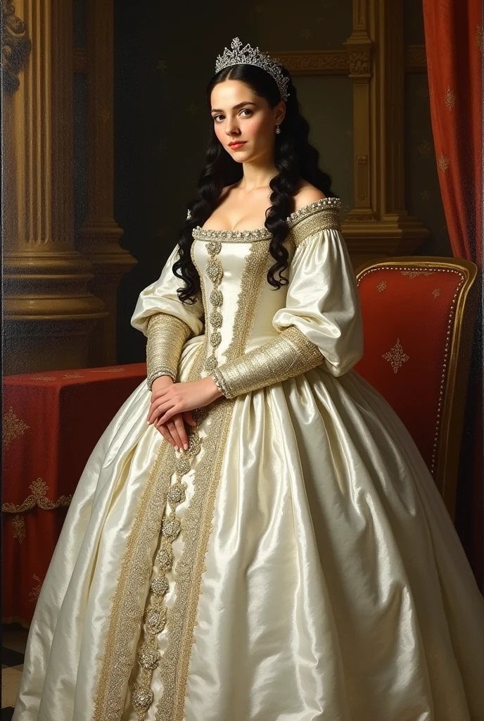 An oil painting of catherine of Aragon in a lavish full white wedding gown from The Spanish Princess