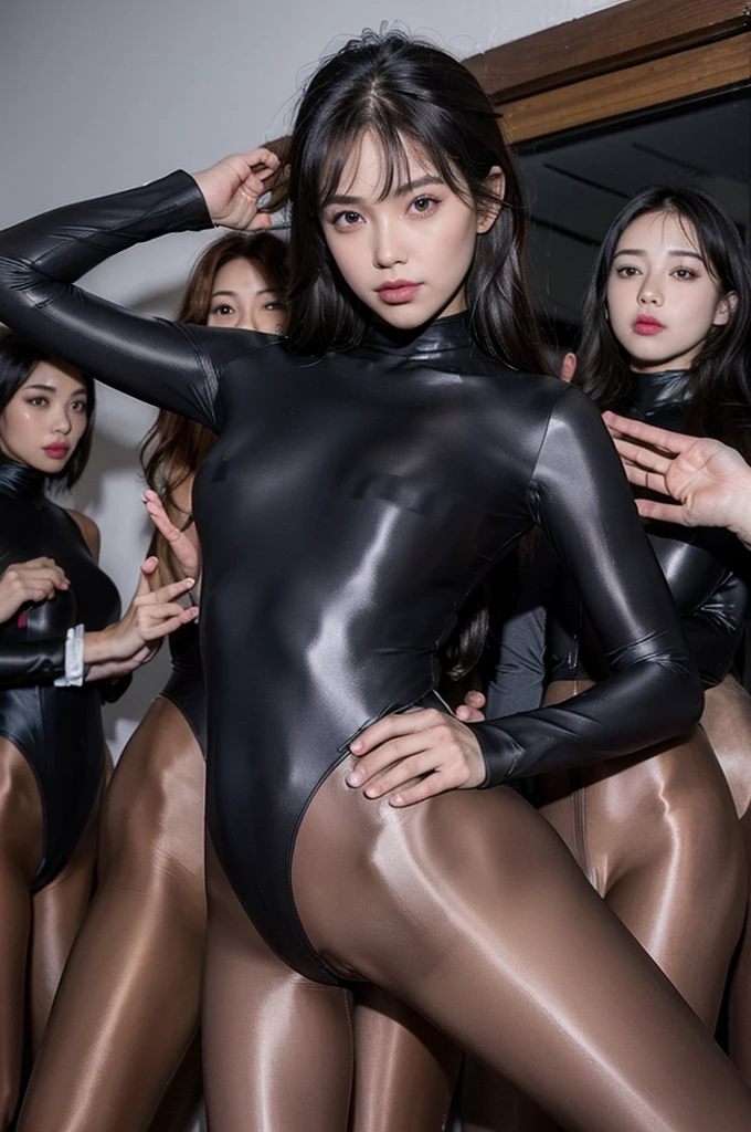 Very detailed, 8K,masterpiece, highest quality, ((Wide-angle lens:1.5)),((wearing black fullbodyスーツ:1.3)),everyone is wearing the same outfit,((girls group:1.5)),(group photo:1.6),(((daytime in park:1.2))),(Flirting with the viewer),epic realistic,((Perfect Pantyhose:1.2)),( glossy skin,:1.2),(Sun light:1.5),Ray Tracing,(Surrealism),masterpiece, Highest quality, Very detailed,((black long sleeve leotard:1.4)),Muscler,((Costumes are single-colored only black:1.5)) ,Bodyline,(wearing riding boots),
Super tight costume,
(Highest quality:1.3),
RAW Photos,,
High resolution,
Perfect detail,
Professional photography,
Professional Lighting,
Powerful lighting for costumes,attractive whole body image、Cinema Lighting、Wear a tight-fitting bodysuit、Simple Background、 girls、Spandex Bodysuit、whole body、Spandex Costume,Clothes with a shiny texture,