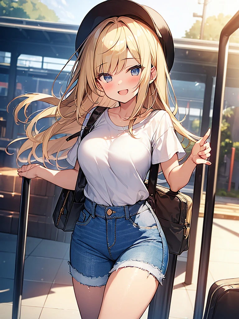 (Masterpiece, Top quality:1.5), full body, (1 beautiful girl, solo:1.2), (short height:1.2), (Denim Skinny:1.3), Blonde hair:1.1, medium Hair, wavy Hair, asymmetry bangs, swept bangs, airy hair, large breasts:1.2, smile:1.3, blush, beautiful scene of station platform, magnificent panorama view, blurry background, open mouth, dynamic pose, dynamic angle