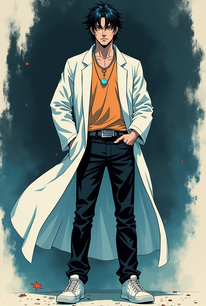 Manhwa character, 40 year old kurama, 1,86cm height, your appearance: dark haired, the pair or the overgeared guy, has a thin beard, one of his eyes is orange-yellow and the other is blue Personality: cold and calculist, important as a mountain but gentle Clothes: chemise, black pants and sneakers and wears a white doctor's coat with a necklace that has a precious stone.