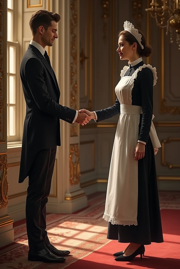 Shaking hand of maid and owner