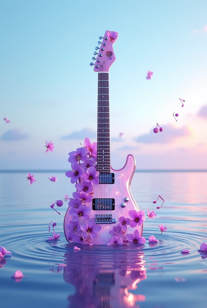 A captivating, high-resolution cinematic illustration that transports viewers into a futuristic, awe-inspiring world. The backdrop features an exquisite, serene morning sea with gentle waves that reflect the sky in a mirror-like manner. At the center of the scene, a transparent guitar adorned with delicate purple orchids stands out, commanding attention. Surrounding the guitar, small dancing musical notes bring the illustration to life with their lively movements. The personalized message "AriaPunkShit" is elegantly displayed in 3D Arial font, adding a heartfelt touch to the artwork. This breathtaking 16k full 4HD rendering masterfully combines realism and innovation, creating a harmonious and enchanting atmosphere that captivates the viewer., 3d render, typography, cinematic, illustration