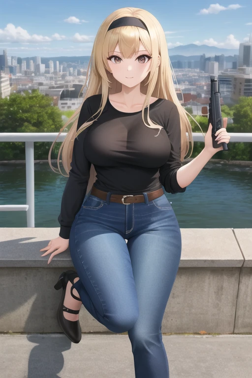 Highest quality、Ultra HD、One Woman、(blonde long hair 1.3)、(Open chest shirt 1.3)、(Jeans 1.3)、(Black headband)、(Black Heels 1.1)、((Shoot a gun 1.2))、(Large Breasts)、(Beautiful face with sharp eyes 1.2)、(tall)、40-year-old woman、Slender body、(Daytime city background 1.2)、((Clear and beautiful touch))