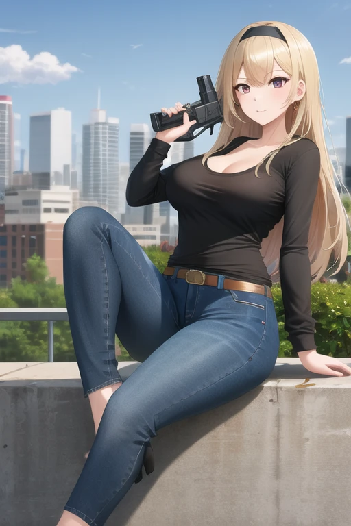 Highest quality、Ultra HD、One Woman、(blonde long hair 1.3)、(Open chest shirt 1.3)、(Jeans 1.3)、(Black headband)、(Black Heels 1.1)、((Shoot a gun 1.2))、(Large Breasts)、(Beautiful face with sharp eyes 1.2)、(tall)、40-year-old woman、Slender body、(Daytime city background 1.2)、((Clear and beautiful touch))