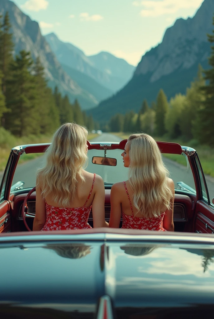 Film shot of a 2 woman with beautiful long wavy silver-blond hair. She is wearing a red floral spaghetti strap dress and is sitting in a vintage 1961-1969 Lincoln Continental. The car is parked on a beautiful mountain road, surrounded by beautiful natural scenery and beautiful mountains as a backdrop. The light is soft and natural, capturing the quiet and elegant atmosphere of the scene.