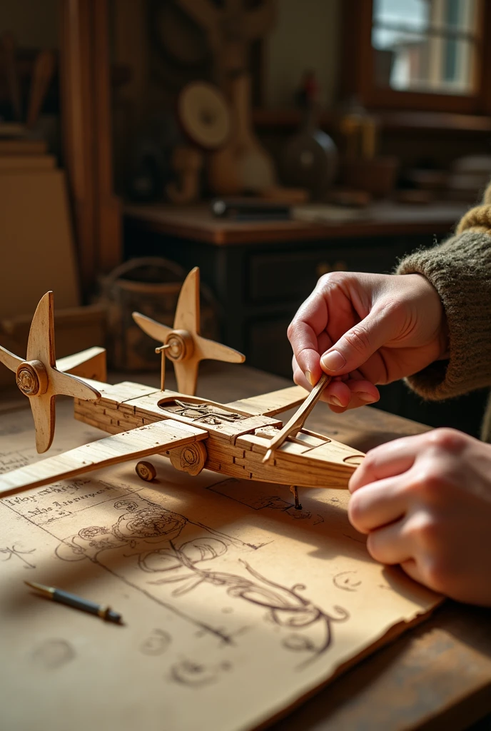 "A close-up of Leonardo da Vinci’s hands working on a wooden model of a flying machine with intricate wings and propellers, detailed craftsmanship, Renaissance workshop, warm tones." it is for kids