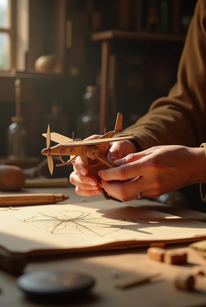 "A close-up of Leonardo da Vinci’s hands working on a wooden model of a flying machine with intricate wings and propellers, detailed craftsmanship, Renaissance workshop, warm tones." it is for s