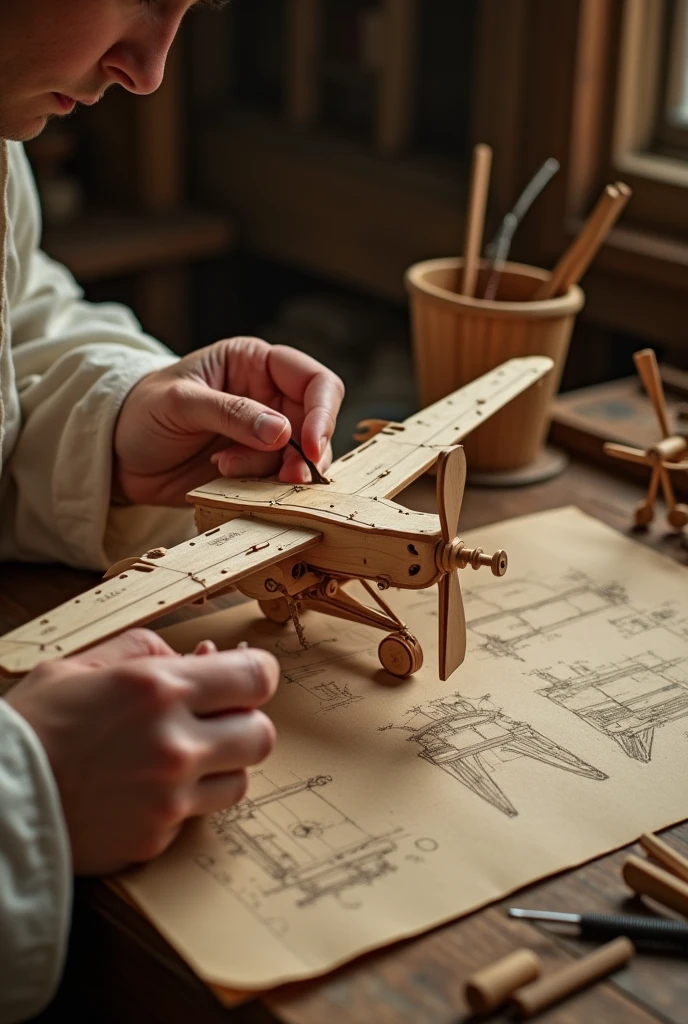 "A close-up of Leonardo da Vinci’s hands working on a wooden model of a flying machine with intricate wings and propellers, detailed craftsmanship, Renaissance workshop, warm tones." it is for kids