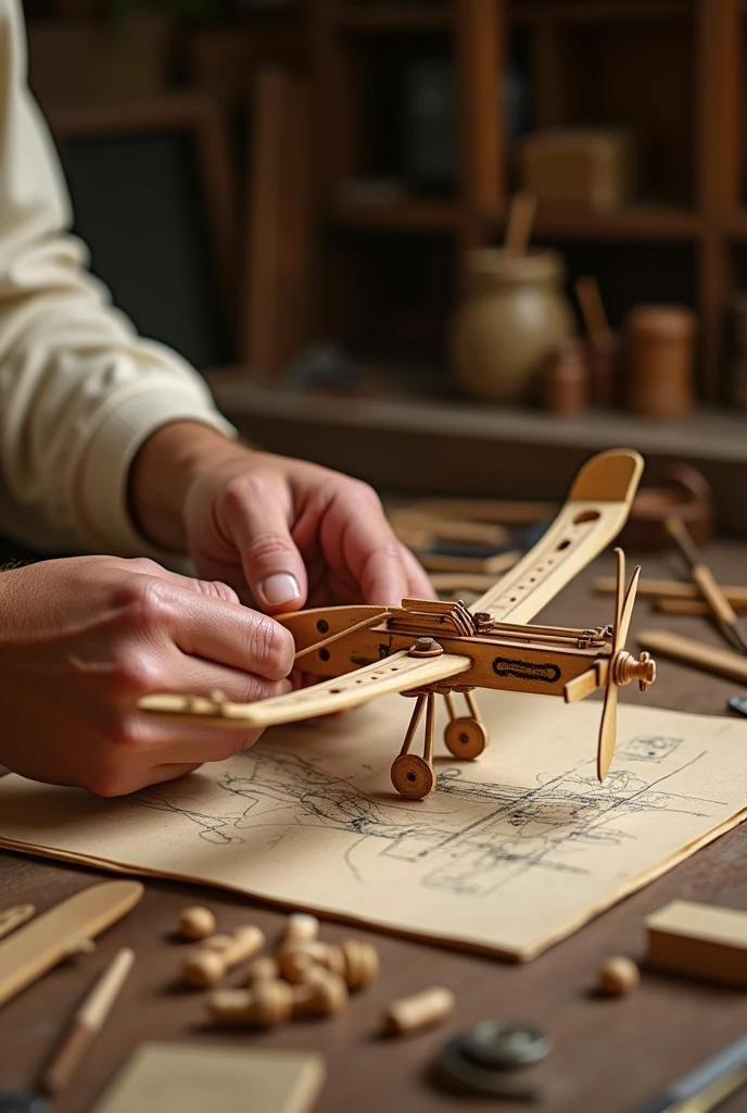 "A close-up of Leonardo da Vinci’s hands working on a wooden model of a flying machine with intricate wings and propellers, detailed craftsmanship, Renaissance workshop, warm tones." it is for kids