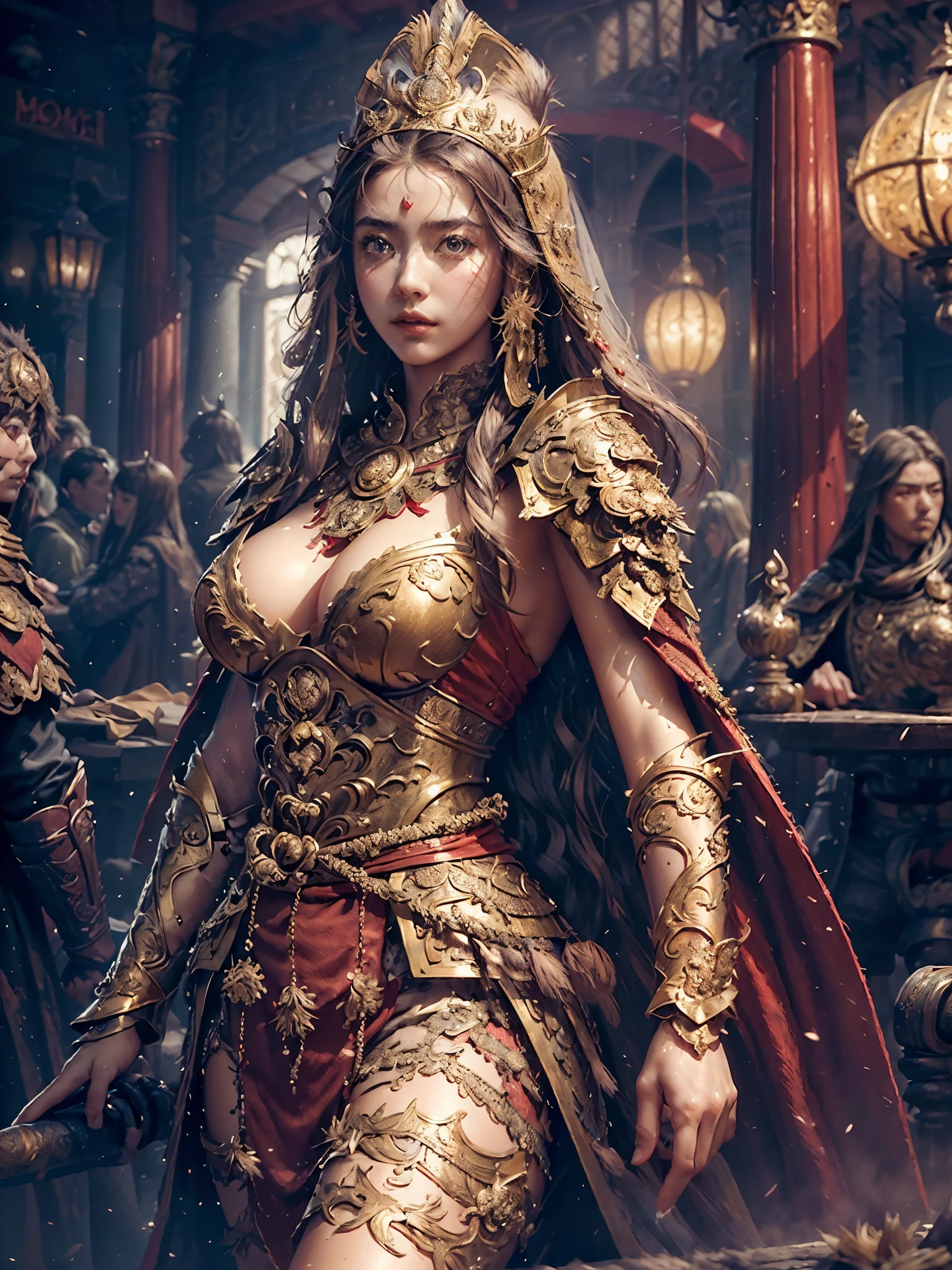 ((masterpiece))), (((best quality))), ((ultra-detailed)), (hyperrealistic), (highly detailed CG illustration), cinematic light, photorealistic ,extremely beautiful young lady, light makeup, big breast,  intricate detailed eaba, red cape, spear