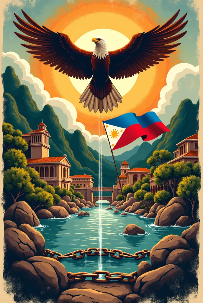 Poster slogan about FILIPINO: wikang mapagpalaya. I want to see a broken chains with an eagle that exemplified the freedom of the philippines . An earth that sorrounds beautiful buildings with the flag of the philippines and the culture of the philippines.